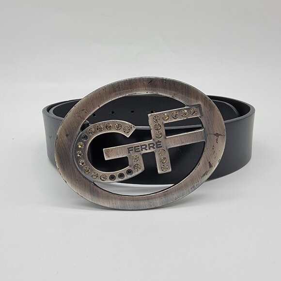 Gianfranco Ferre Belt GF Logo Belt Italy Silver Buckle Black Faux Leather Flaw‎ - Picture 1 of 8